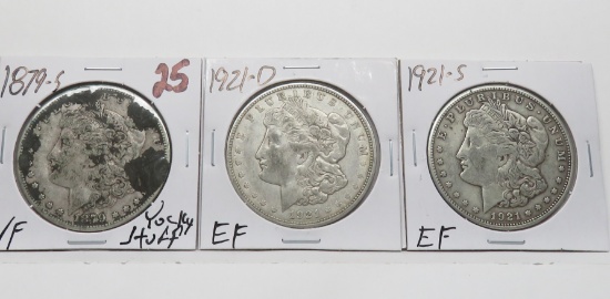 3 Morgan $: 1879S VF "yucky stuff", 1921D EF, 1921S EF