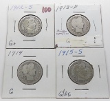 4 Barber Quarters: 1912S G+, 1913 G, 1914 G, 1915S G/AG