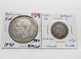 2 Silver World Coins: 1870 Belgium 5 Franc rim cut?; 1881 EB Sweden 1 Krona 