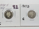 2 Barber Dimes: 1892S G, Semi-Key; 1909D G, better date