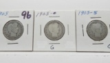 3 Barber Quarters: 1905 G, 1905-O G, 1905S G
