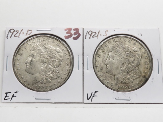 2 Morgan $: 1921D EF, 1921S VF
