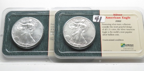 2-2002 Unc Silver American Eagles in Littleton packaging