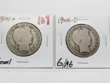 2 Barber Half $: 1904-O G, 1906D G/AG