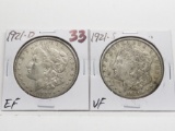 2 Morgan $: 1921D EF, 1921S VF