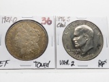 2 Type $: Morgan $ 1921D EF toned; Eisenhower 1976S Clad Variety 2 PF