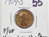 Lincoln Wheat Cent 1909S F/VF cleaned scratches ?lacquer. Better date