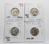 4 Jefferson Nickels: 1944P Silver Unc toning full steps, 48S Gem BU full steps, 48S Gem BU, 72D Gem