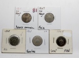 5 Shield Nickels: 2-1867 No Rays (heavy corr, Fair), 3-1868 (AG, Fair/AG, G pitted)