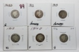 6 Barber Dimes: 1908D G, 12 & 13 damage, 13 VG, 14D F, 16 G