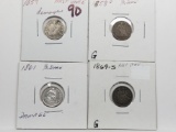 4 Seated Liberty Half Dimes: 1857 damage, 58-O G, 61 damage, 69S G