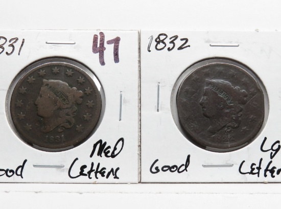 2 Large Cents: 1831 medium letters G, 1832 large letters G