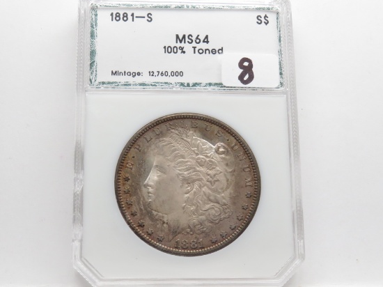 Morgan $ 1881S PCI MS64, 100% toned, green label