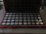 Attractive wooden case display with 50 Unc-BU Statehood Quarters, P Mint. Requires large flat rate b