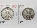 2 Walking Liberty Half $: 1938 CH VF, 1939 VF