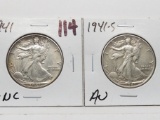 2 Walking Liberty Half $: 1941 Unc, 1941S AU
