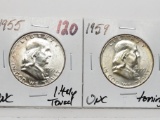 2 Franklin Half $ Unc lightly toned: 1955, 1959