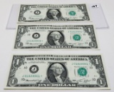 3-$1 FRN 1974 KC STAR notes CH CU, consecutive SN J01828861*-8863*