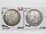 2 French Silver 5 Franc types: 1834W cleaned, 1868A Napoleon