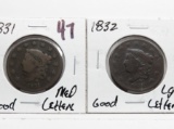 2 Large Cents: 1831 medium letters G, 1832 large letters G