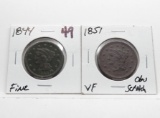 2 Large Cents: 1844 Fine, 1851 VF obv scratch