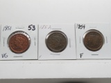 3 Large Cents: 1851 VG, 1852 F, 1854 F