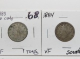 2 Liberty V Nickels: 1883 No Cents EF ?toning, 1884 VF scratch better date