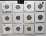 12 Buffalo Nickels: 1930S EF rev lamination, 34D VF, 35 EF, 35D F, 35S VF, 36 VF, 36D VG, 36S VF, 37