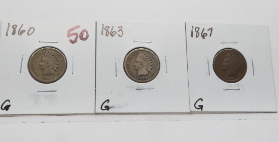 3 Indian Cents: 1860 G, 1863 G, 1867 G