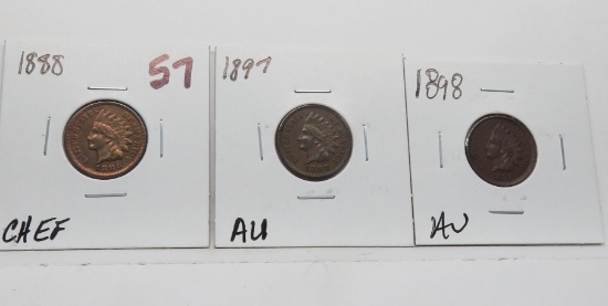 3 Indian Cents: 1888 CH EF, 1897 AU, 1898 AU
