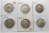 6 Franklin Half $: 1951D, 2-1954D, 1962, 2-1963D