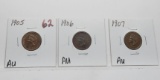 3 Indian Cents: 1905 AU, 1906 AU, 1907 AU