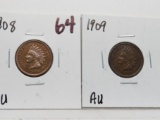 2 Indian Cents: 1908 AU, 1909 AU