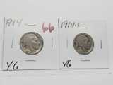 2 Buffalo Nickels: 1914 VG, 1914S VG
