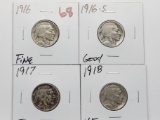 4 Buffalo Nickels: 1916 F, 16S G, 17 F, 18 VF