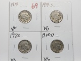4 Buffalo Nickels: 1919 VF, 19S VG, 20 VG, 20D VG