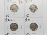 4 Buffalo Nickels: 1925 VG, 25D VG, 25S VG, 26 VG