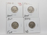 4 Buffalo Nickels: 1926D G, 26S G, 27 F, 27D VG