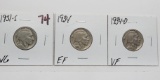 3 Buffalo Nickels: 1931S VG, 1934 EF, 1934D VF