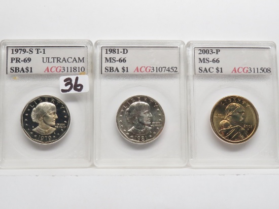 3 Dollar Mix ACG slabs: 2 SB Anthony (1979S T-1 PR69 UCAM, 1981D MS66) Sacagawea 2003P MS66