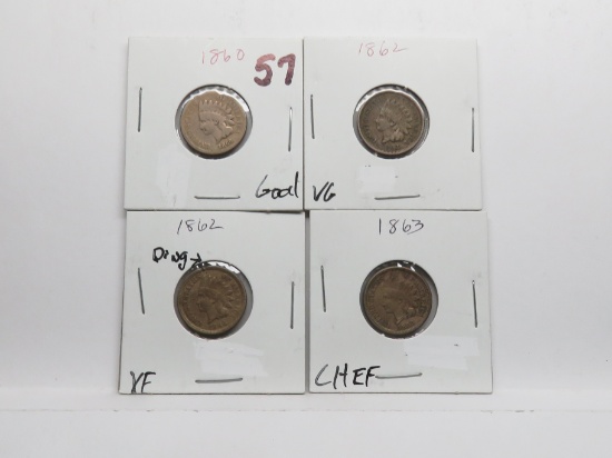 4 Indian Cent early dates: 1860 G, 1862 VG, 1862 VF rim damage, 1863 CH EF