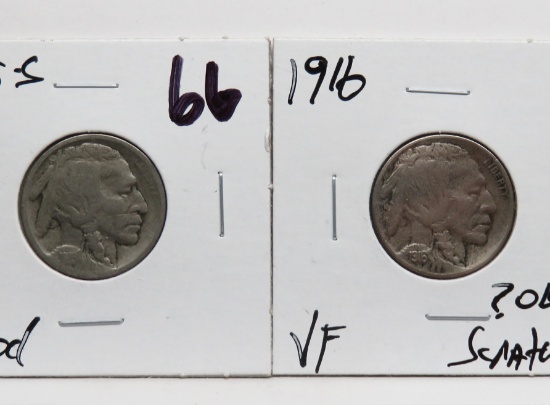 2 Buffalo Nickels: 1915S G, 1916 VF ?obv scratches
