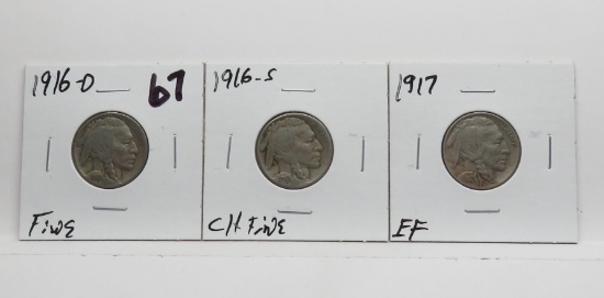 3 Buffalo Nickels: 1916D F, 1916S CH F, 1917 EF