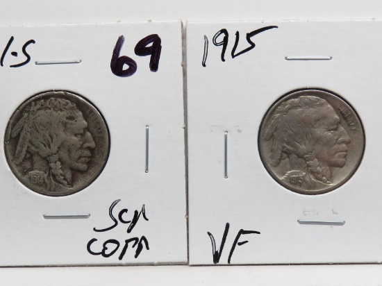 2 Buffalo Nickels: 1914S F scratch corrosion, 1915 VF