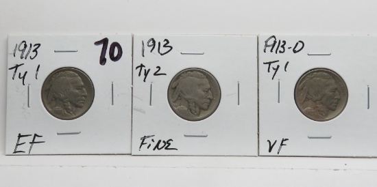 3 Buffalo Nickels: 1913 Ty 1 EF, 1913 Ty 2 Fine, 1913D Ty 1 VF