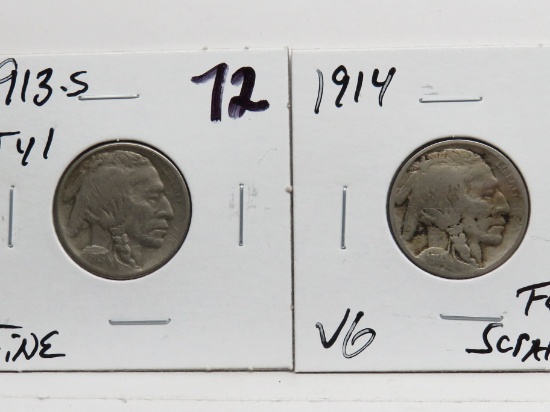 2 Buffalo Nickels: 1913S Ty 1 F, 1914 VG few scratches
