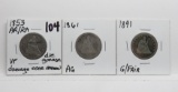 3 Seated Liberty Quarters: 1853 AR/RA VF die grease damage over arrow tip; 1861 AG, 1891 G/Fair