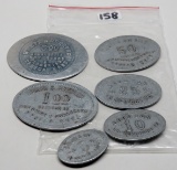 6 Oval Aluminum Tokens Wempe & Huerter Dry Goods/Groceries, Seneca KS, 6 different denominations, 5