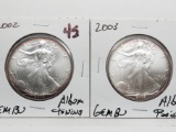 2 Gem BU Silver American Eagles attractive album toning: 2002. 2003