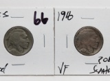 2 Buffalo Nickels: 1915S G, 1916 VF ?obv scratches